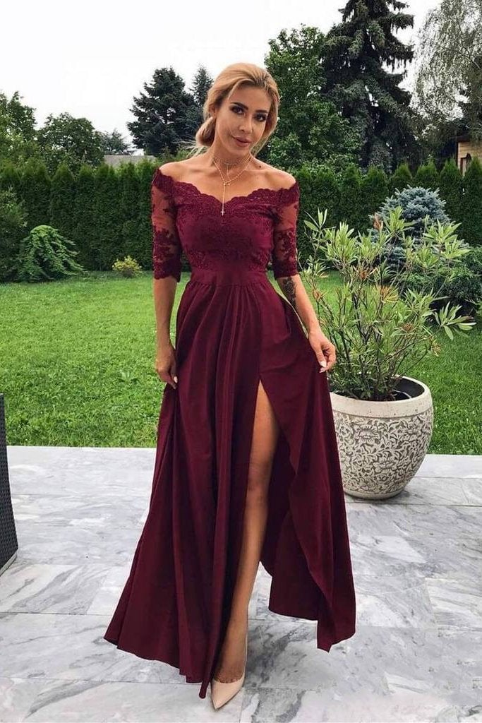 Off the Shoulder Half Sleeve Burgundy Modest Prom Dress,Bridesmaid Dresses with Slit INH99
