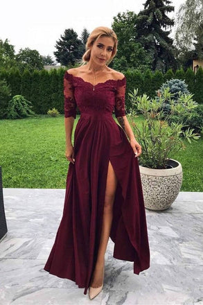 Off the Shoulder Half Sleeve Burgundy Modest Prom Dress,Bridesmaid Dresses with Slit INH99