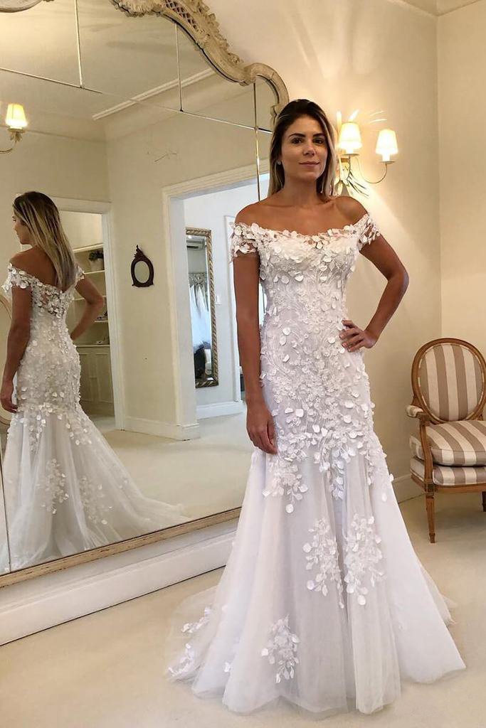 Off The Shoulder Cap Sleeves Mermaid Wedding Dresses Lace Appliques Wedding Gowns INP80