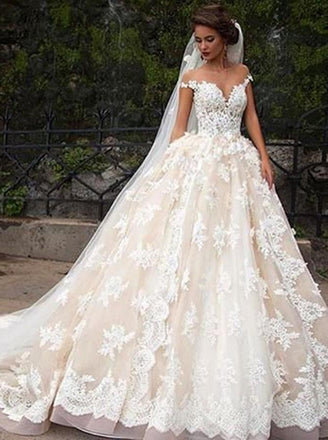 Romantic Jewel Cap Sleeves Ball Gown Wedding Dress with Lace Top INB09