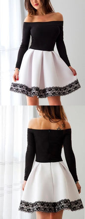 Long Sleeve White and Black A Line Short Prom Dress,Cheap Homecoming Dresses INC90