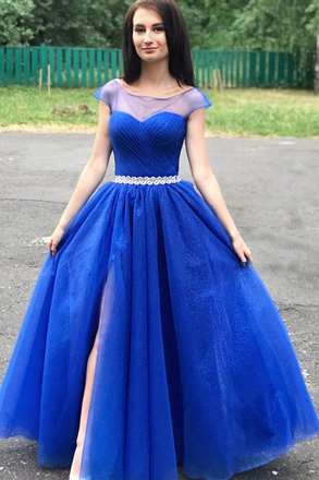 A-line Cap Sleeves Royal Blue Long Prom Dress Beaded Evening Dresses INR65