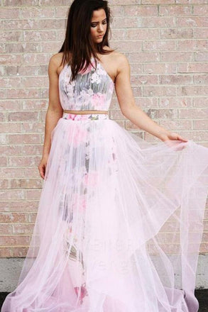 A Line Halter Sleeveless Floor Length Floral Pink Prom Dresses INJ32