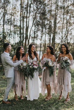 A-Line Off-the-Shoulder 3/4 Sleeves Asymmetry Blush Lace Bridesmaid Dresses INR94