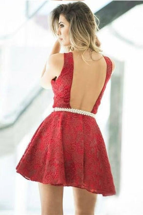 Sexy A-Line Illusion Red Lace Mini Homecoming Dress with Beading INA99