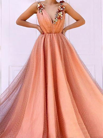 Orange 3D Flowers Long Prom Dresses V-neck Tulle Evening Dress INO85