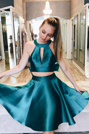 Simple Two Piece Short Dark Teal Satin A Line Homecoming Dress with Bow INC26
