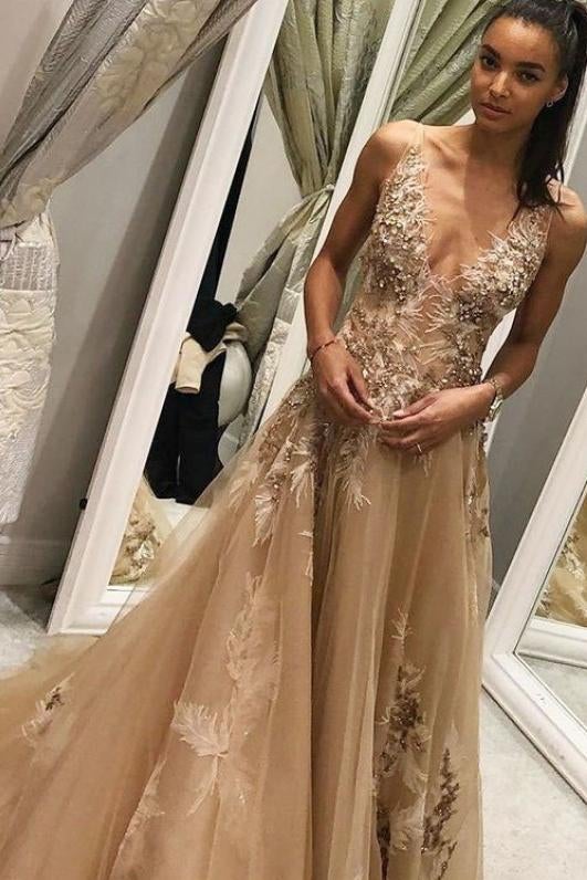 A Line Tulle Long Appliques Deep V Neck Prom Dress With Beading INF66