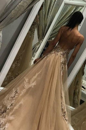 A Line Tulle Long Appliques Deep V Neck Prom Dress With Beading INF66