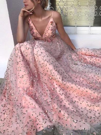 Pink Floral A Line Lace Long V Neck Spaghetti Strap V Neck Formal Prom Dress INH68