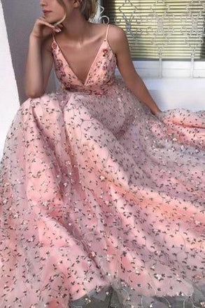 Pink Floral A Line Lace Long V Neck Spaghetti Strap V Neck Formal Prom Dress INH68