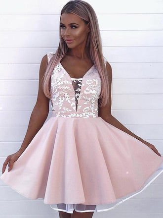 Pink Appliqued A Line Homecoming Dresses V Neck Short Hoco Dress INO9
