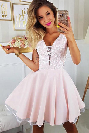 Pink Appliqued A Line Homecoming Dresses V Neck Short Hoco Dress INO9