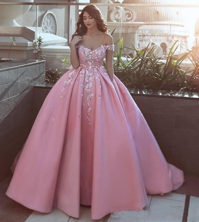 Pink Off the Shoulder Ball Gown Lace Appliques Satin Prom Dress IN903