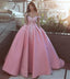 Pink Off the Shoulder Ball Gown Lace Appliques Satin Prom Dress IN903