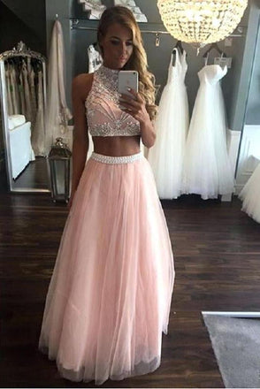 Two Pieces A Line Beading Tulle Long Prom Dresses Cheap Pink Evening Dress INI30