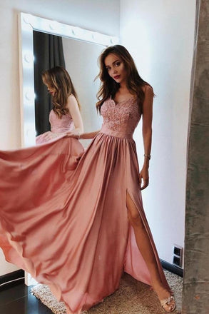 Pink V Neck Long Prom Dresses Lace Spaghetti Straps Prom Dress with Slit INI1