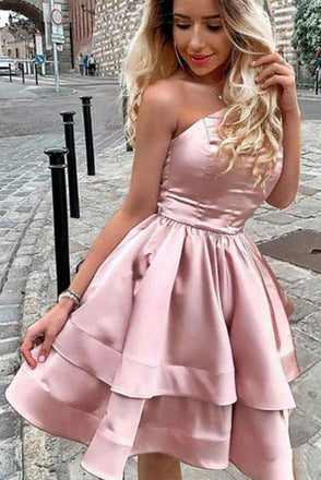 Princess A Line One Shoulder Pink Short Homecoming Dresses INO47