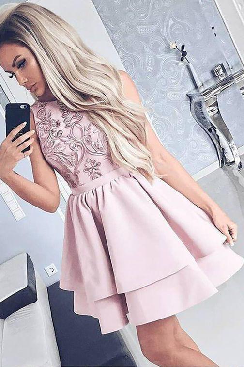 Pretty Bateau Short Pink Satin Homecoming Party Dresses with Appliques INO51