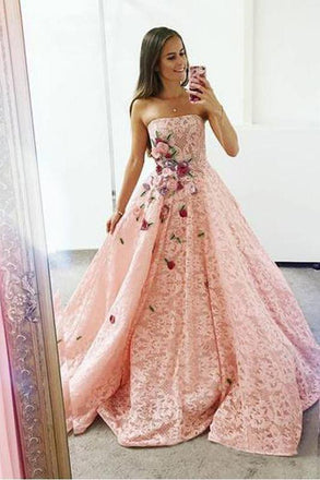 Strapless Pink Lace Long Ball Gown with Floral Embroidery Cheap Prom Dresses INJ33