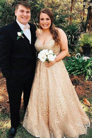 A Line Gold Lace Formal Prom Dresses Long Prom Dresses INO86