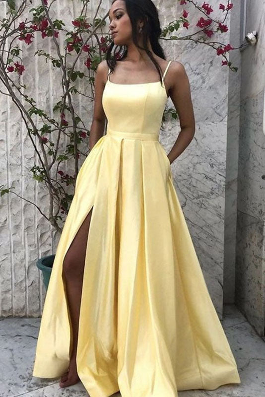 Simple A-Line Satin Spaghetti Straps Sleeveless Yellow Long Prom Dresses IN1816