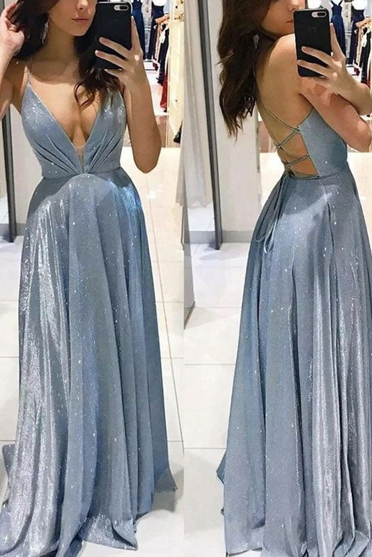 A Line V-neck Sleeveless Spaghetti Straps Long Sexy Prom Dresses IN1820