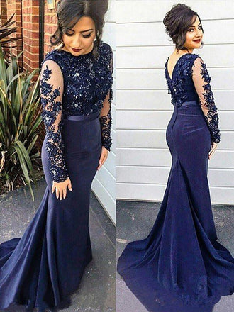 Trumpet/Mermaid Lace Appliques Blue Long Sleeves Plus Size Dresses INF45