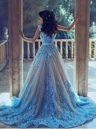 A-Line Blue Sleeveless Tulle Wedding Dress stunning With Chapel Train IN202