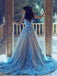 A-Line Blue Sleeveless Tulle Wedding Dress stunning With Chapel Train IN202
