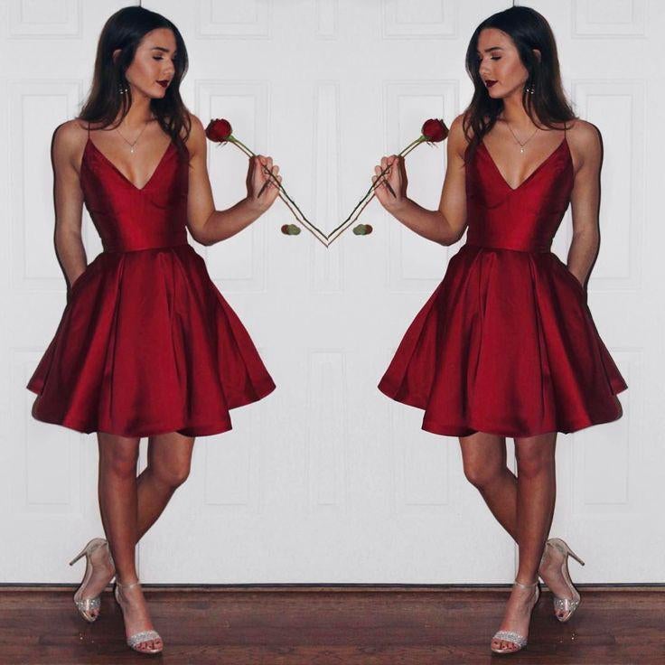 Burgundy Short Cute Simple Spaghetti Straps Homecoming Dress IN201