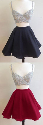 Sexy Black A Line Beading Two-piece Homecoming Dresses,Bling Cocktail Dresses IN298