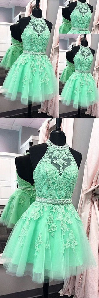 A Line Halter Tulle Appliques Backless Prom Dress,Green Homecoming Dresses IN325