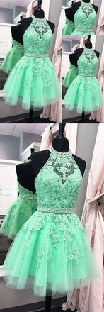 A Line Halter Tulle Appliques Backless Prom Dress,Green Homecoming Dresses IN325