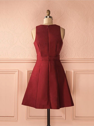 Simple Burgundy Satin A-line Deep V-neck Short Homecoming/Prom Dresses,Graduation Dresses IN424