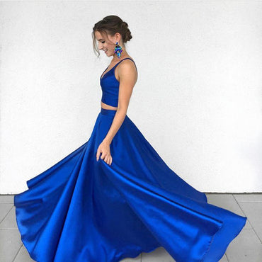 Sexy Royal Blue Two-Piece Long Prom Dress,Simple Satin Blue Formal Evening Dress IN414