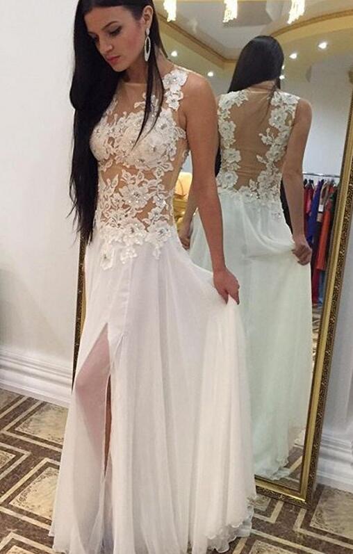 White Prom Dresses,Backless Prom Dress,A-line Prom Gown,Chiffon Prom Dress,Lace Prom Dress,Slit Prom Dress,Appliques Party Dresses,Long Formal Gowns,Evening Dresses
