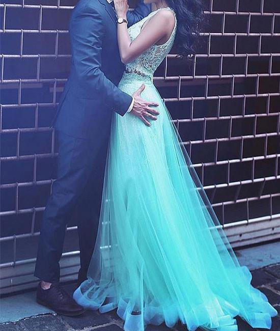 Unique Two Pieces Lace Tulle Long Prom Dress,Formal Evening Dresses IN978
