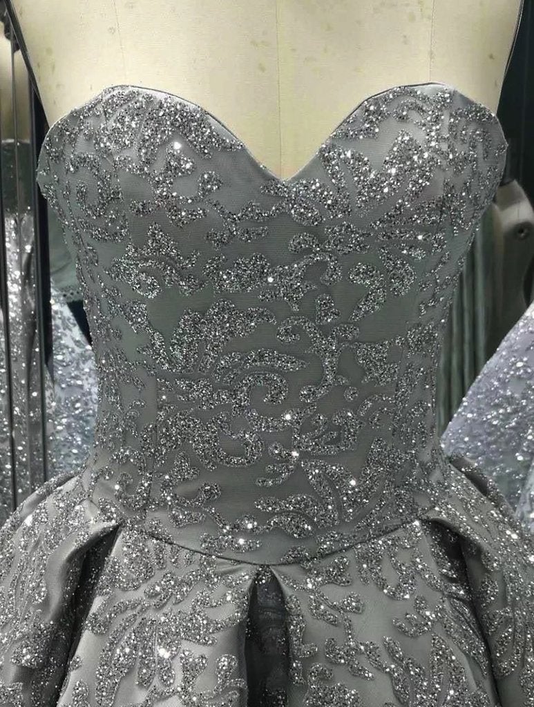 Sweetheart Gray Sleeveless Long Ball Gown Shiny Sequin Prom Dresses IN841