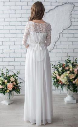 White Long Half Sleeve Chiffon Wedding Dress,Lace Beach Floor-Length Bridal Dress IN618