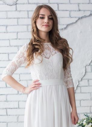 White Long Half Sleeve Chiffon Wedding Dress,Lace Beach Floor-Length Bridal Dress IN618