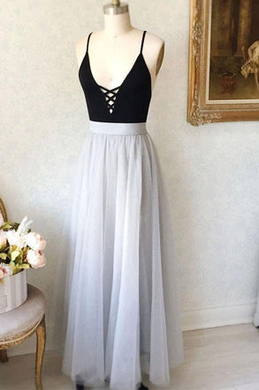 Simple A-Line Spaghetti Straps Black Top Tulle Gray Long Prom Evening Dress ING17