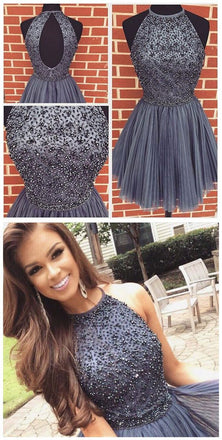 New Arrival Open Back Gray Tulle Short Prom Dresses Homecoming Dress INJ92
