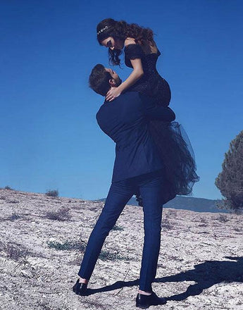 Navy Blue A Line Off Shoulder Tulle Beaded Long Prom Dress IN900