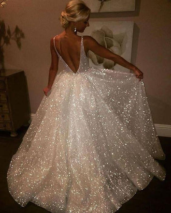 Charming Backless Sequined A Line Long Prom Dresses,Cheap Wedding Dresses IN923