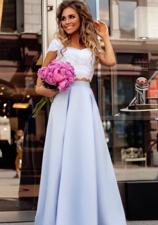 Cheap Light Blue Satin Two Piece Lace Top Floor Length Prom Dress IN891