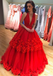 Ball Gown Prom Dresses,Deep V Prom Gown,Layered Prom Dress,Red Prom Dresses
