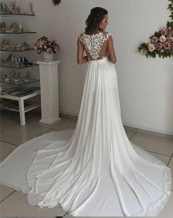 Off White Long Chiffon Cap Sleeves Split Wedding Dresses With Lace INA53