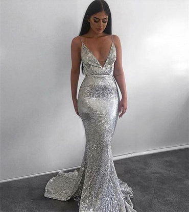 Modest Silver Mermaid Sequined Deep V Neck Backless Prom dresses,Evening Gowns IN907