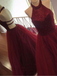 Burgundy Halter Beaded A Line Sleeveless Tulle Long Prom Dress IN992